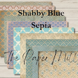 Shabby Blue Sepia Papers Junk Journal Kit, coisas efêmeras imprimíveis vintage sujas, papel floral, folhas de colagem