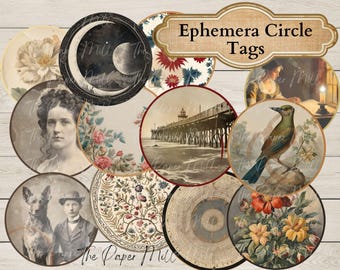 Junk Journal- Round Journal Toppers- Circle Ephemera Tags-Scrapbook