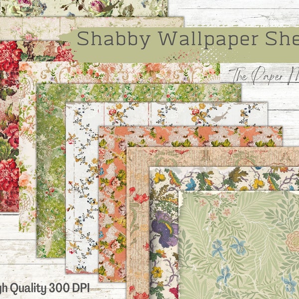 Digital Shabby Wallpaper Papers Junk Journal Kit, Grungy Vintage Printable ephemera, floral paper, collage sheets