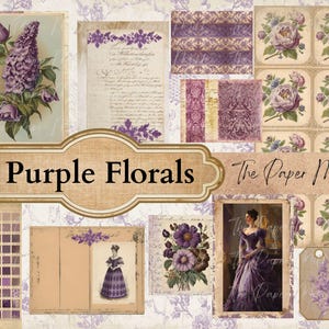 Könnte beinhalten: Eine Collage von Bildern im Vintage-Stil mit einem lila Blumendesign. Die Bilder umfassen botanische Illustrationen, gemusterte Papiere und ein Porträt einer Frau in einem lila Kleid. Der Text "Purple Florals" und "The Paper Mill" sind zu sehen.