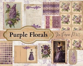 Junk Journal Vintage Purple Florals Printable Collection - Digital Download - Antique Papers - Collage for Journaling