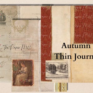 以下が含まれることがあります： 「Autumn Thin Journal」のテキストが入った、ヴィンテージスタイルのジャーナルのコラージュ。 古紙の質感、花のアクセント、女性と風景の小さなイラストが特徴です。 カラーパレットは暖色系です。