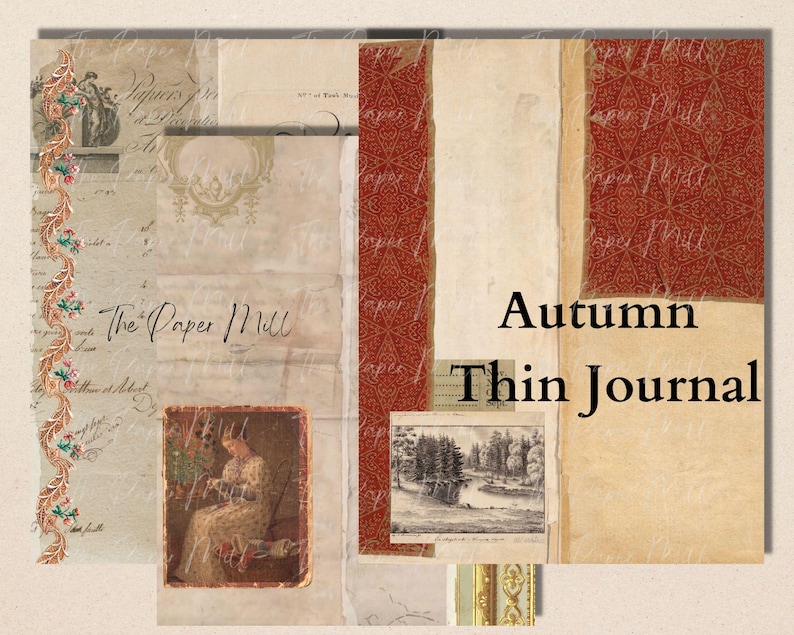以下が含まれることがあります： 「Autumn Thin Journal」のテキストが入った、ヴィンテージスタイルのジャーナルのコラージュ。 古紙の質感、花のアクセント、女性と風景の小さなイラストが特徴です。 カラーパレットは暖色系です。
