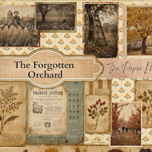 May include: A digital collage sheet titled The Forgotten Orchard by The Paper Mill, featuring vintage-style sepia-toned images of children on a pumpkin, orchard trees, a ladder, botanical illustrations, and a 1891 produce auction document.
