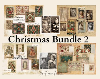 Könnte beinhalten: Eine Sammlung von Weihnachtsephemera im Vintage-Stil, darunter Blumenkarten, Engelillustrationen und Hintergrundpapiere. Das Bundle zeigt eine Vielzahl von Designs mit roten, grünen und cremefarbenen Farbschemata, und der Text "Christmas Bundle 2" ist deutlich sichtbar.