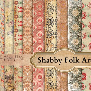 May include: A selection of patterned paper sheets with a vintage aesthetic. The designs include floral, geometric, and ornamental patterns in various colours like red, beige, and green. The text "Shabby Folk Art" is displayed on a decorative label.