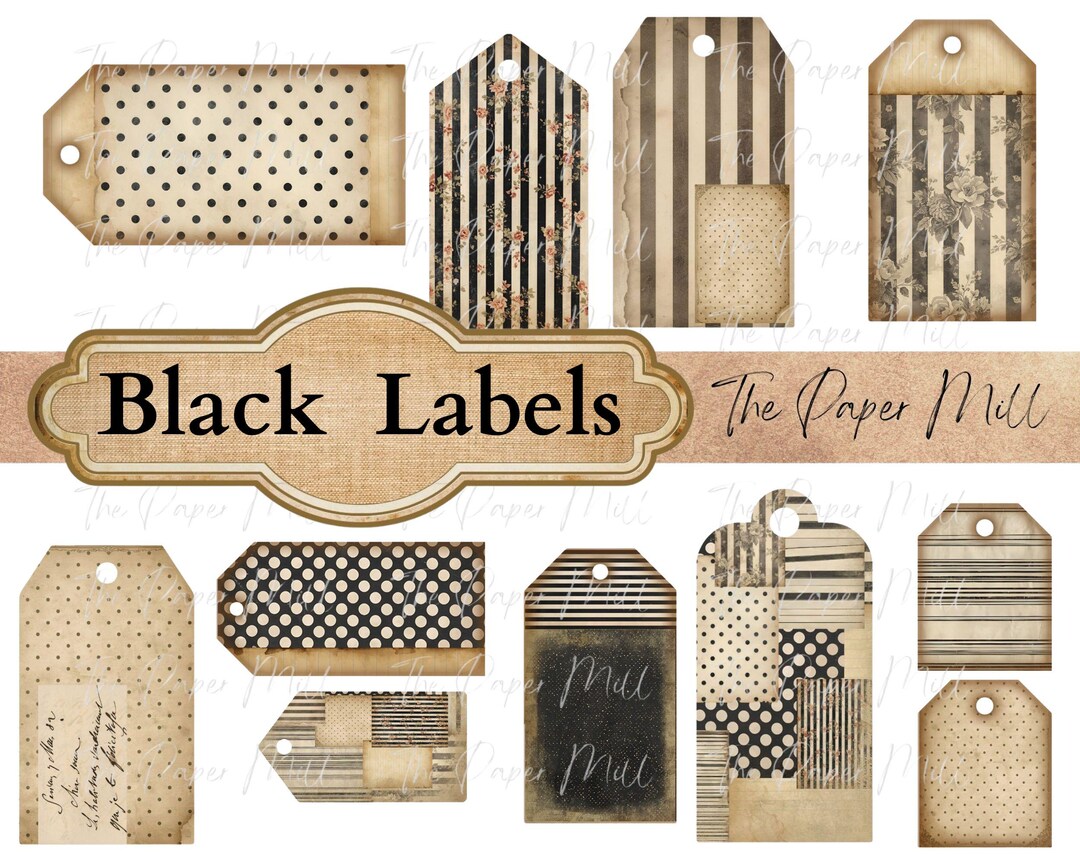 Black and White Junk Journal Tags Printable, Polka Dot Stripe Ephemera ...
