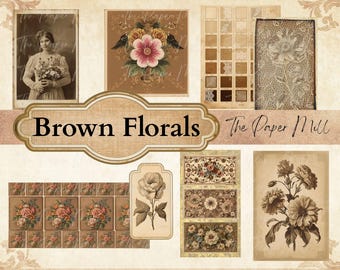 Junk Journal Vintage Brown Florals Printable Collection - Digital Download - Antique Papers - Collage for Journaling