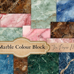 May include: A collection of marble-patterned paper blocks in various colors, including pink, green, blue, and brown. The blocks are arranged in a grid, with a banner that reads "Marble Colour Block". The Paper Mill is also written on the paper blocks.