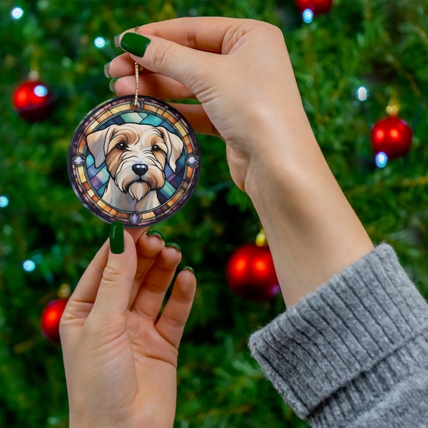 Stained Glass Sealyham Terrier Ceramic Ornament, Sealyham Family Gift, Geometric Terrier Decor, Sealyham Dog Christmas Ornament, Lover Gift