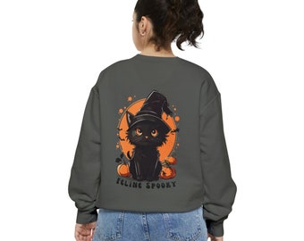 Retro Halloween Sweatshirt: Black Cat Back Print, Witchy Kitten Crewneck