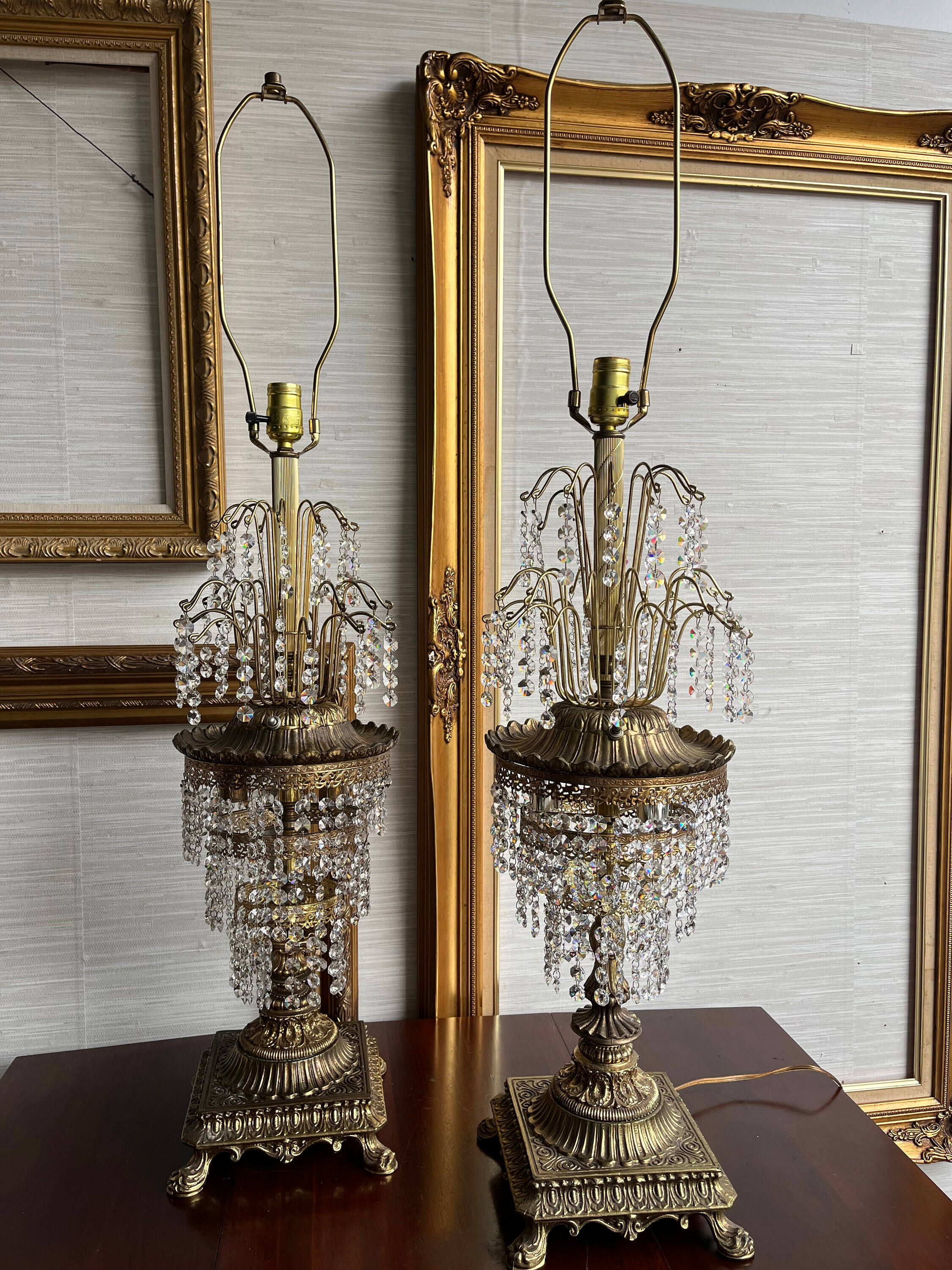 Pair Brass Vintage Crystal Prism Waterfall Table Lamps by Pair Brass Vintage Crystal Prism Waterfall Table Lamps by
