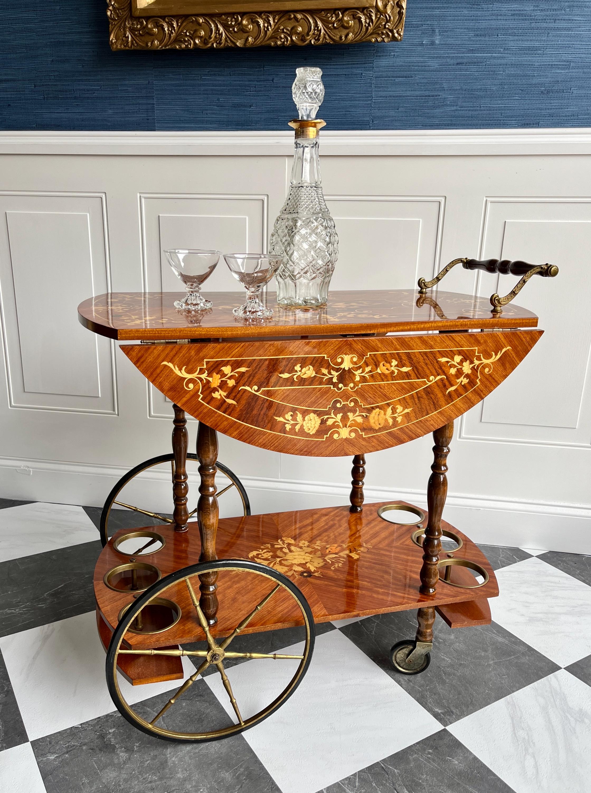 Vintage Italian Inlaid Wood Bar Cart With Brass Wheels, Folding