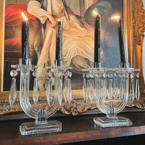 Antique Art Deco Heisey Glass Double Arm Candelabra Candlestick Holder w/ Bobeche Prisms Pair