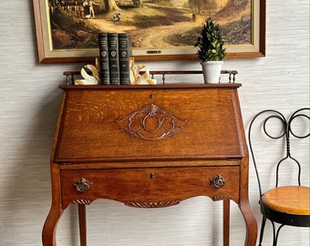 Petite Antique Early American 1900s Oak Secretary Desk