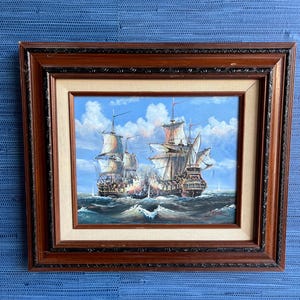 Original Framed Oil Painting of Historic Ship Battle, Signed Joyce | Nautical Wall Art