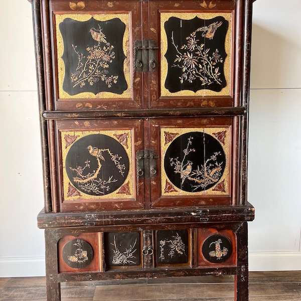 Late 1800s Antique Wedding Dowry Chest Chinoiserie Chinese Handpainted Armoire Bar Cabinet