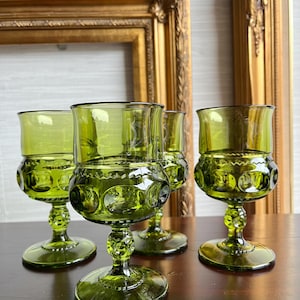 Mid Century Tiffin King&#39;s Crown Thumbprint Green Glass Wine Water Goblets- Set of 4