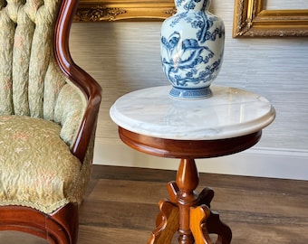 Vintage 19" Mahogany Eastlake Style  Italian Marble Top Pedestal Table