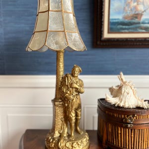 Vintage 1940s Gilded Figural Table Lamp with Capiz Shell Shade
