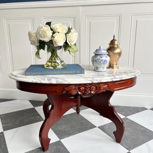 Vintage Italian Marble Top Mahogany Coffee Table | Mid Century Victorian Revival