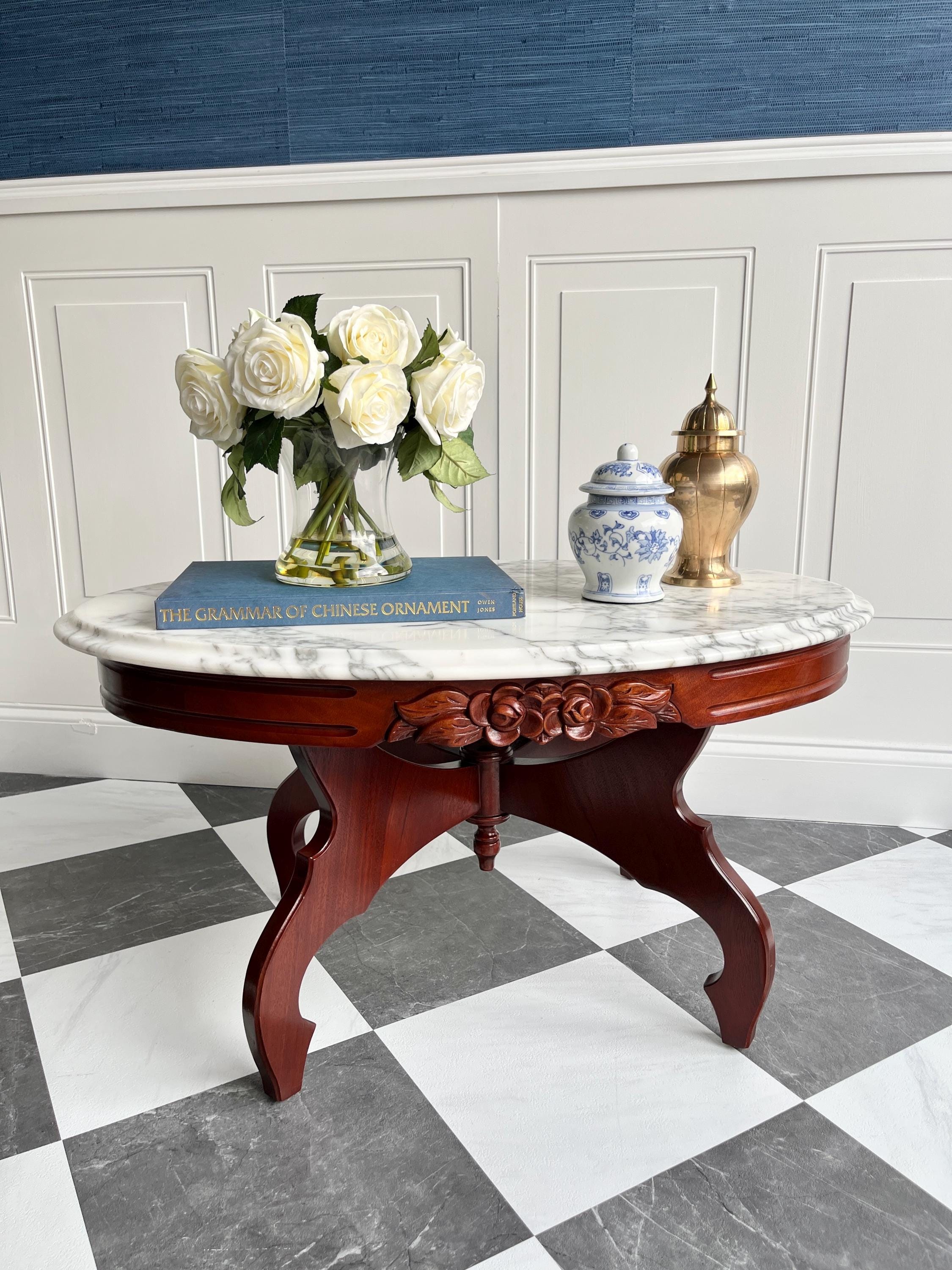 Vintage Italian Marble Top Mahogany Coffee Table | Mid Century