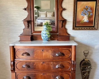 Antique Flame Mahogany Eastlake Victorian 4 Drawer Italian Marble Top Dresser with Swivel Mirror