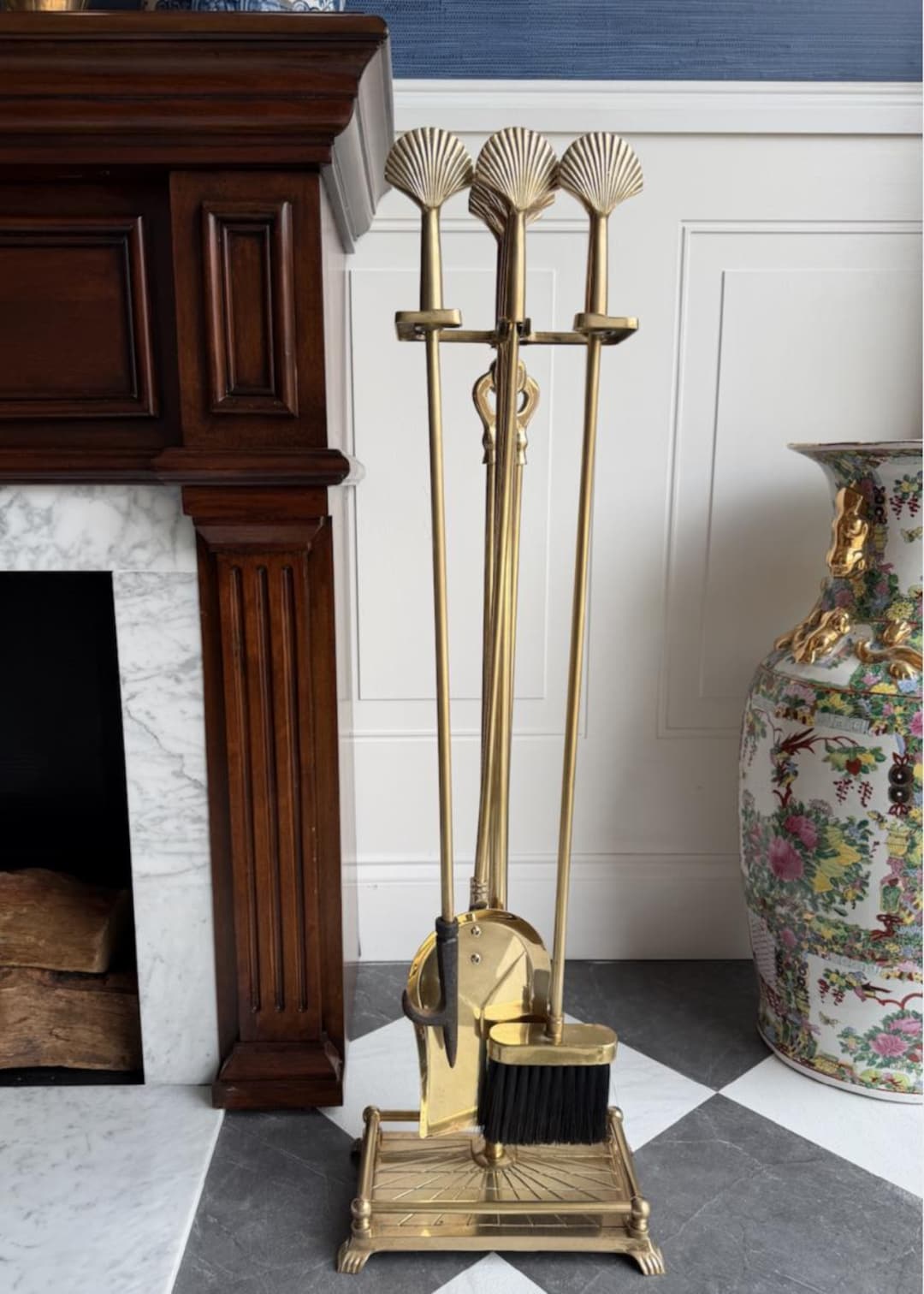 Vintage Brass Fireplace Tool Set With Shell Finials | Decorative