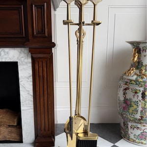 Vintage Brass Fireplace Tool Set with Shell Finials | Decorative Neoclassical Hearth Accessories