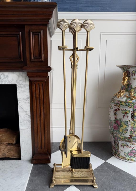 Vintage Brass Fireplace Tool Set With Shell Finials | Decorative