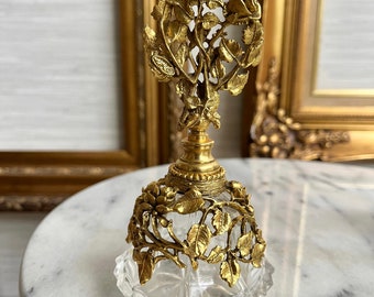 Rare 24K Gold Ormolu & Crystal Perfume Bottle | Mid-Century Hollywood Regency Rose Filigree | Original Dauber