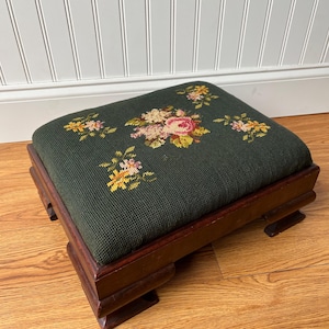 Antique Footstool circa 1880s Hand Needlepoint Floral Tapestry + Carved Wood Footstool Ottoman