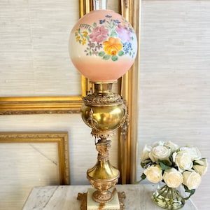 Antique Victorian Bradley & Hubbard Parlor Brass Banquet Gone With The Wind Hand Painted Floral Electrified Oil Lamp circa late 1800s