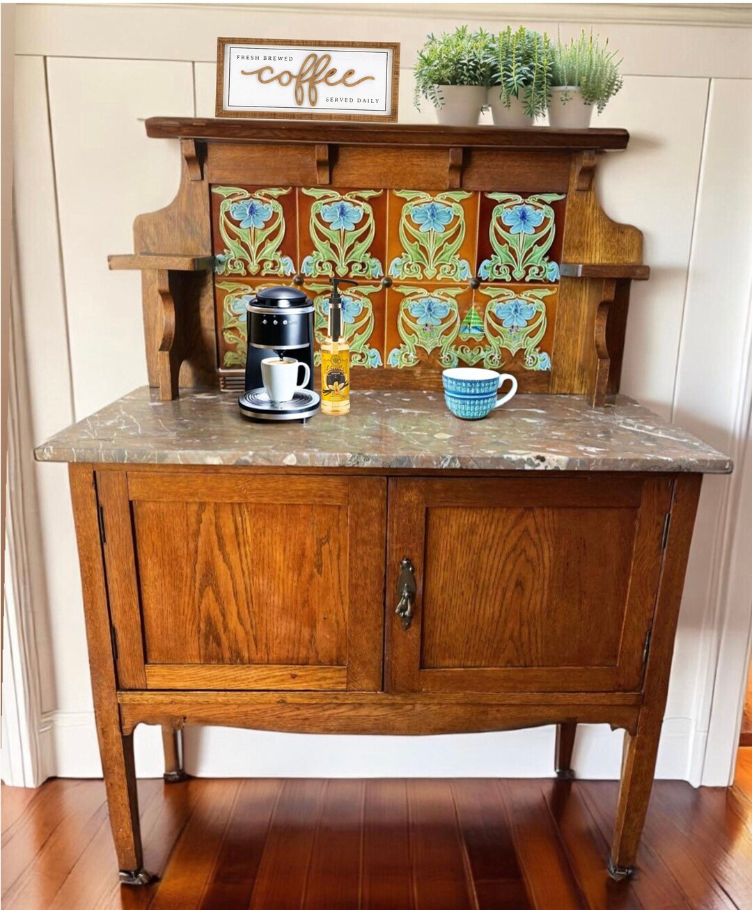 Antique Coffee Bar Cabinet 1800s Oak Washstand With Natural Stone Top ...