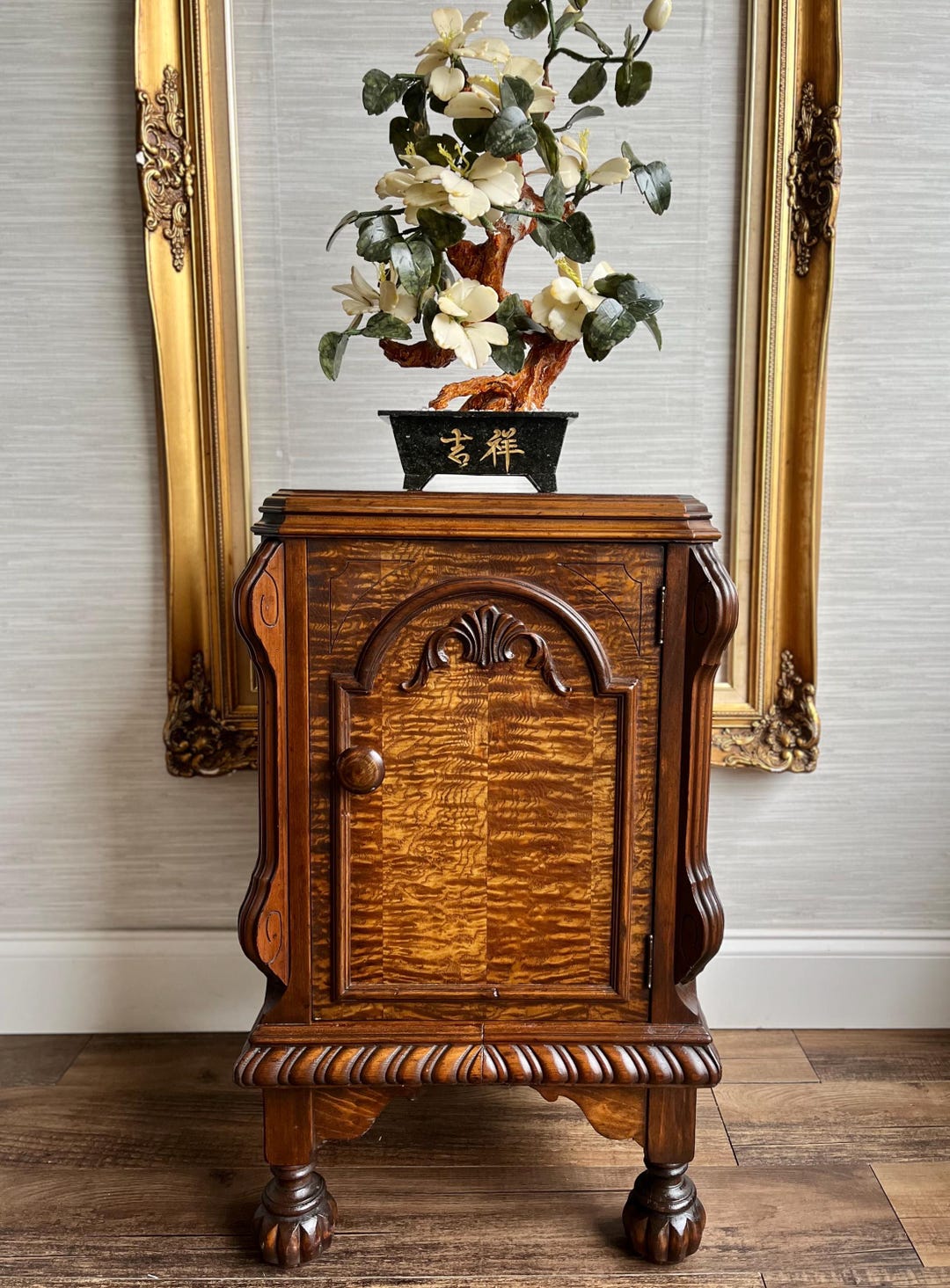 Vintage Tiger Oak Nightstand Cabinet Side Table W/ Ornate Carvings & Bun Feet 1940s-1950s Solid ...