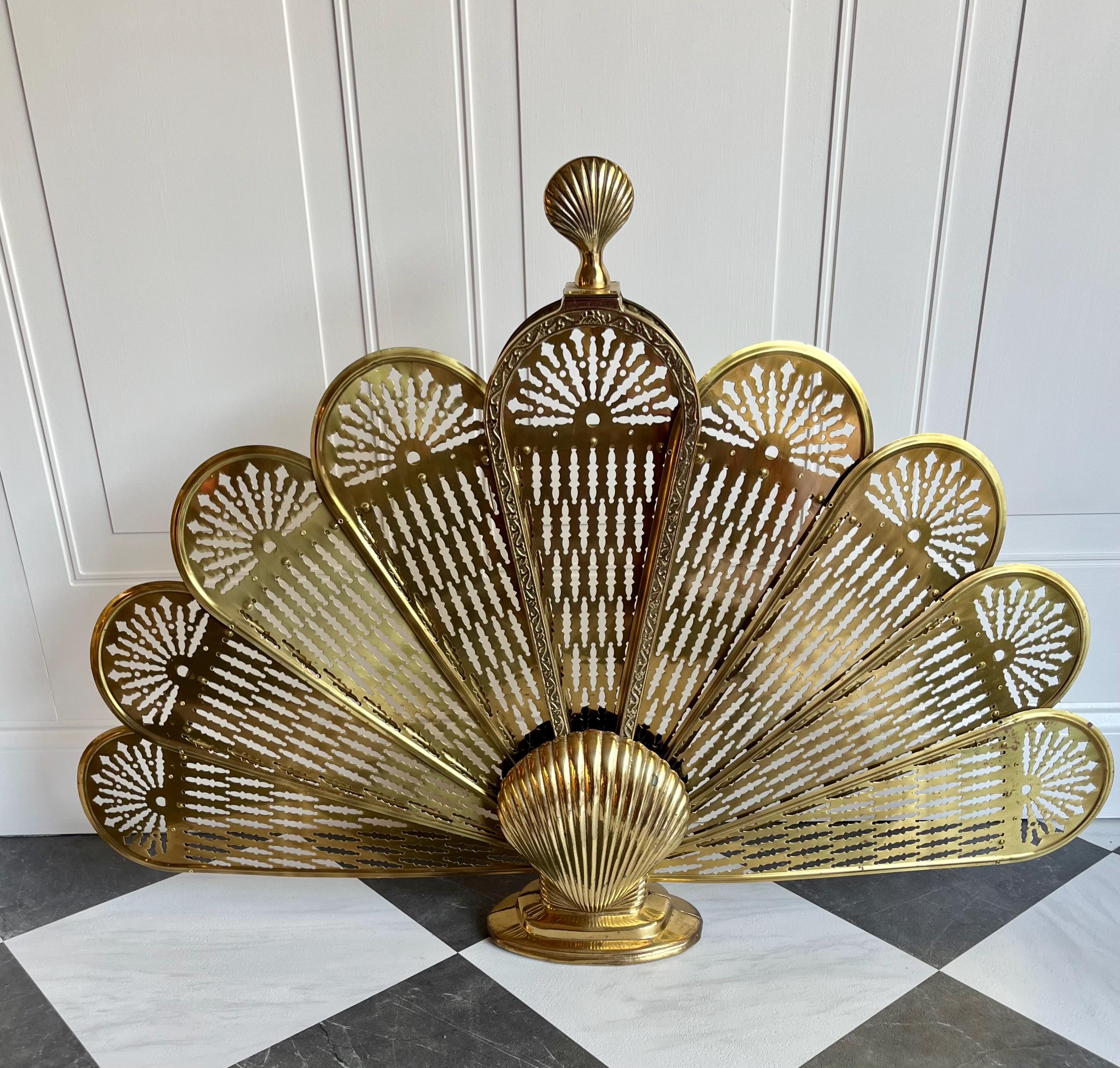 Vintage Brass Folding Fan Peacock Style Clam Shell Fireplace