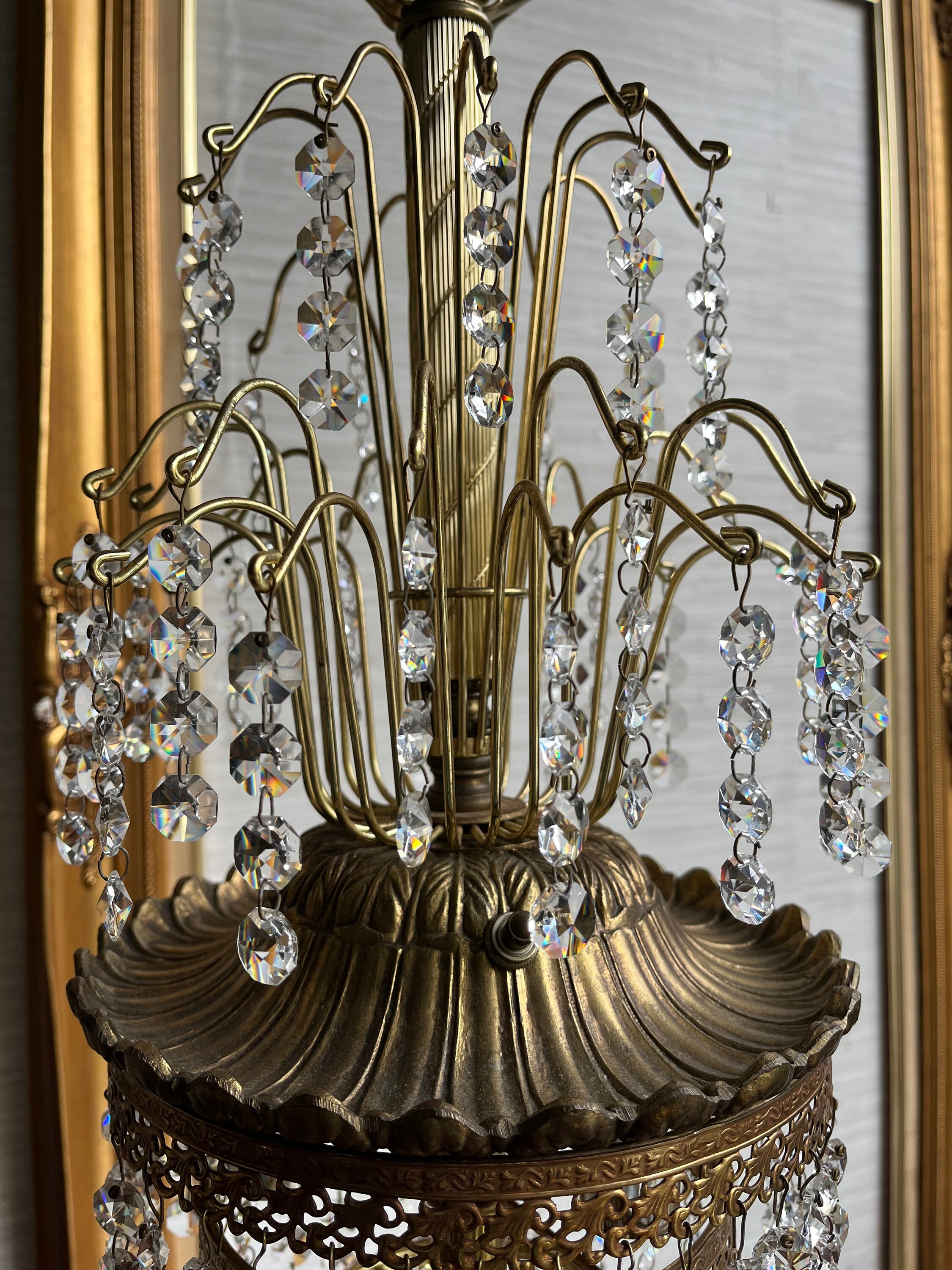 Pair Brass Vintage Crystal Prism Waterfall Table Lamps by