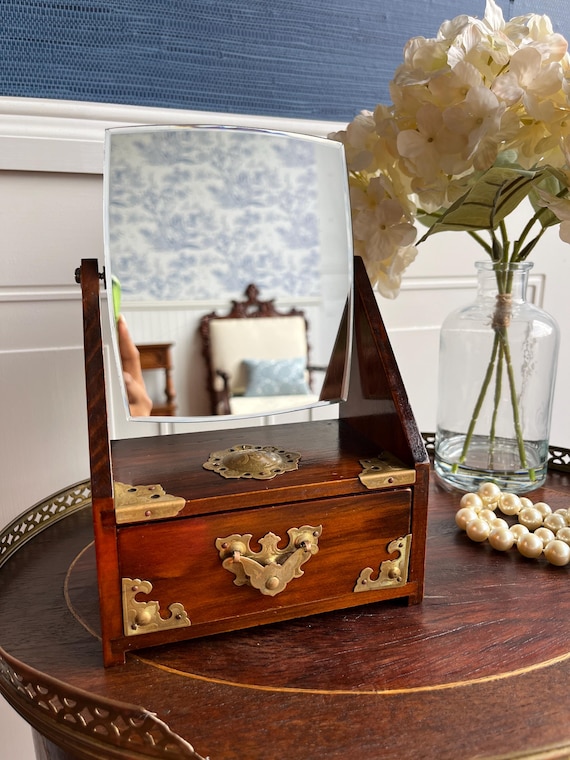 Vintage Chinese Rosewood Vanity Mirror & Jewelry Box | Brass