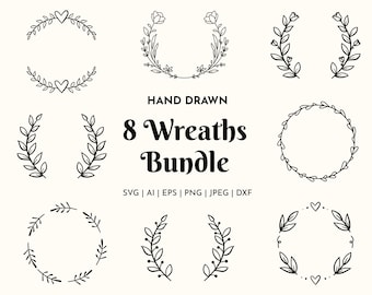 8 Flower Wreath Bundle - 14 Different Designs, Flower wreath svg bundle, Cricut wreath, Circle wreath, Leaf wreath svg, wreath monogram svg