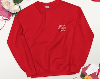 Könnte beinhalten: Roter Pullover mit einem weißen gestickten Design, das "Labhair, Gaeilge, Liom" mit einem kleinen Herzen sagt.