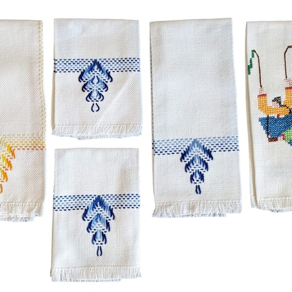 Vintage Post War Cottage Industry Program Tea Towels and Napkins Hand Embroidered in Korea Lot of 5 RARE