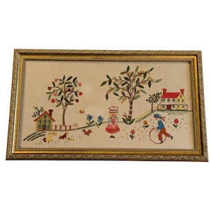 Vintage Framed Completed Country Farm Crewel, Finished Needlework Featuring Farmhouses, Chickens, Trees, Flowers, Cottagecore, Grandmacore