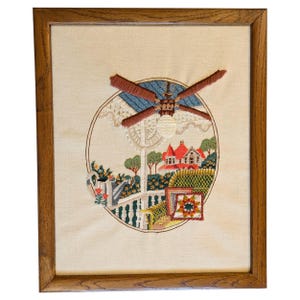 Framed Completed Crewel Artwork of Country Porch Scene, Finished Retro Needlework Featuring Porch, Flowers, House, Cottagecore, Grandmacore