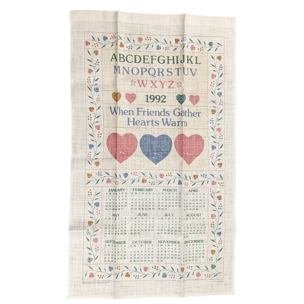 Vintage Linen Tea Towel With 1992 Calendar and Illustration Featuring Hearts, Leaves, the Alphabet, and a Friendship Quote
