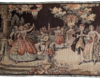 Vintage Tapestry Fabric Table Runner With Artwork Featuring An Edwardian Baroque Garden Gazebo and People Dancing at Night, Made in Belgium