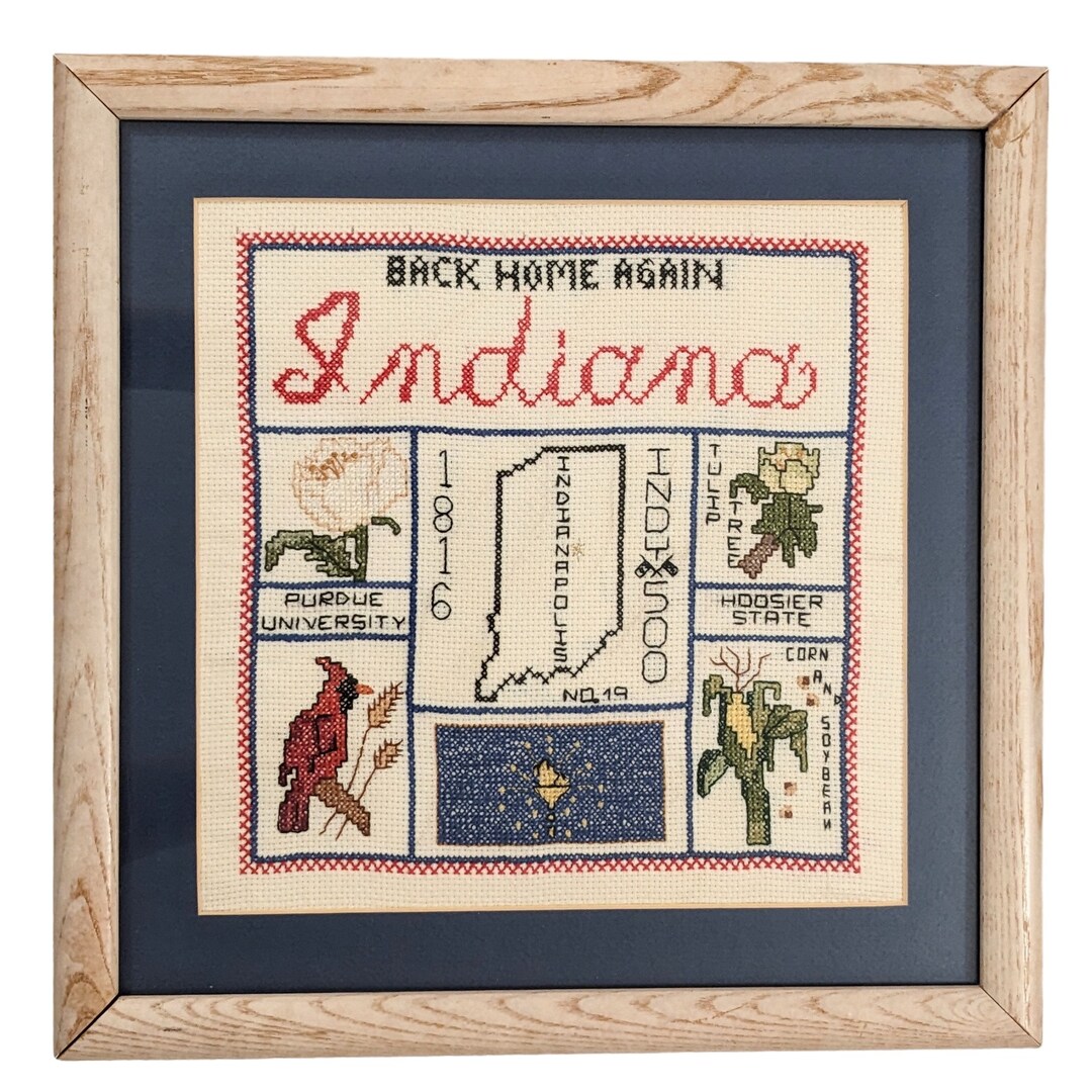 Vintage 1980s Framed Completed Indiana State Cross Stitch Artwork, Finished Needlework