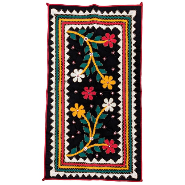 Vintage Dresser Scarf with Colorful Flower Power Design, Retro Hand Stitched Wall Hanging With Bright Flowers and Geometric Shapes