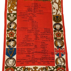 Vintage Souvenir The Royal Lineage Tea Towel, Collectible Ulster Irish Linen Tea Towel Featuring Royal Lineage Tree and Illustrations