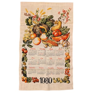 Vintage Linen Hanging Tea Towel With Printed 1980 Calendar and Illustration Featuring Various Flowers and Fruit, Grandmacore