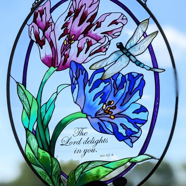 Vintage Joan Baker Designs Painted Glass Suncatcher With Design Featuring Flowers, Dragonfly, and Religious Quote, Floral Design Suncatcher